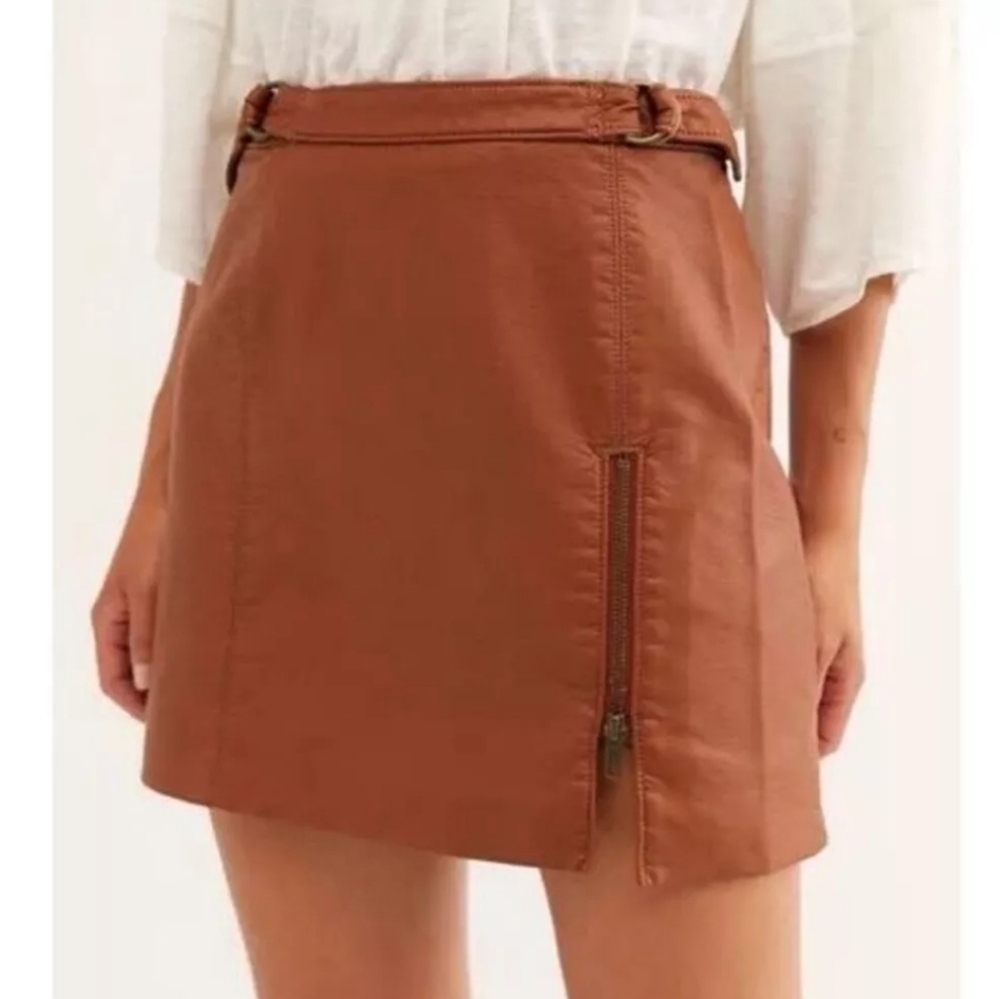 Free People Midnight Magic Faux Leather Cognac Brown Belted Women's Mini Skirt 8